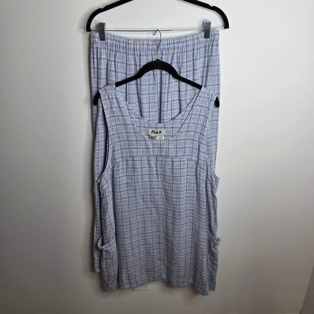 FLAX 100% Linen Plaid Tunic & Maxi Skirt Set Womens Medium Blue